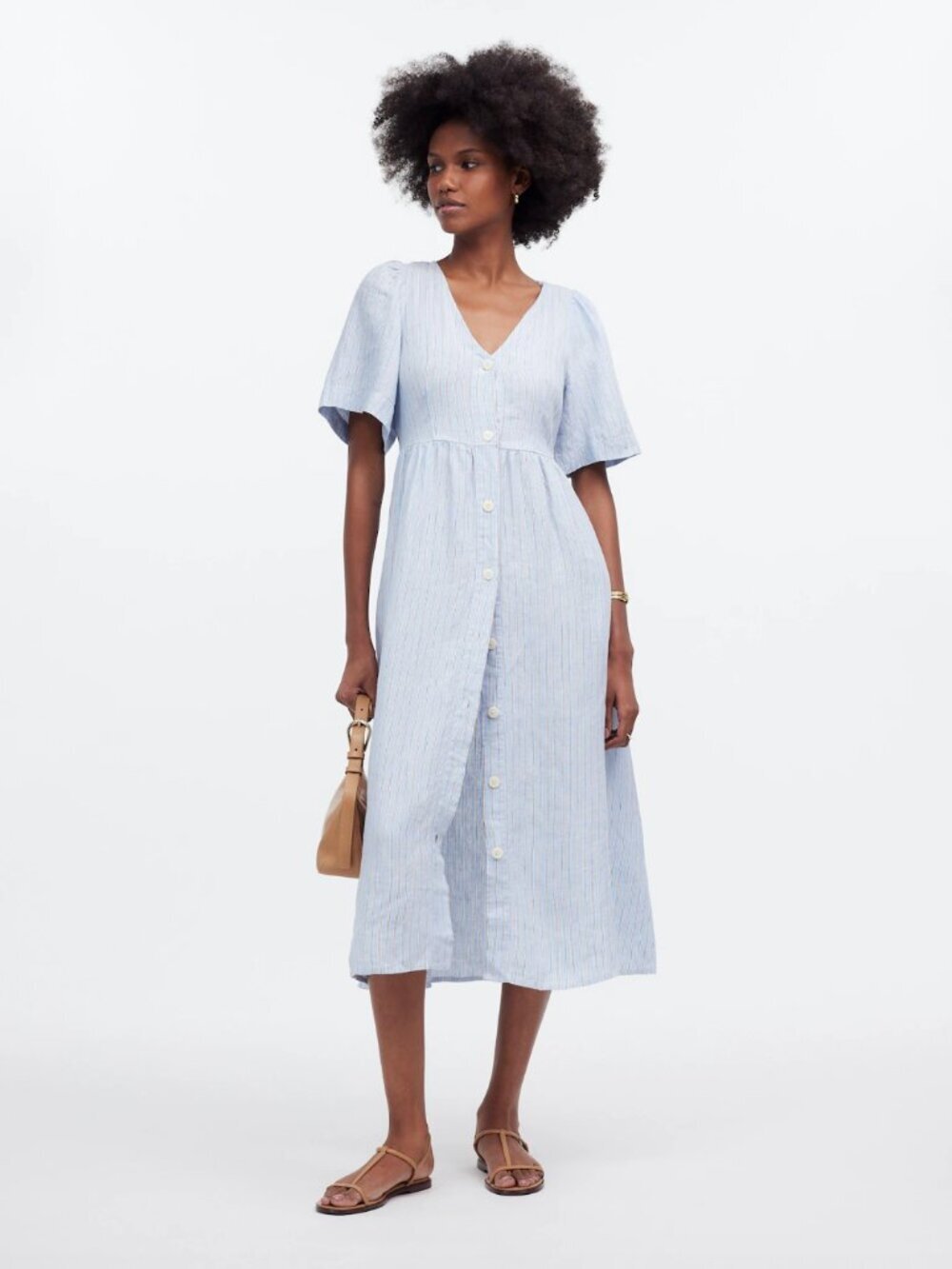Madewell Powder Blue Stripe Linen Cassie Button Front Short Sleeve Midi Dress